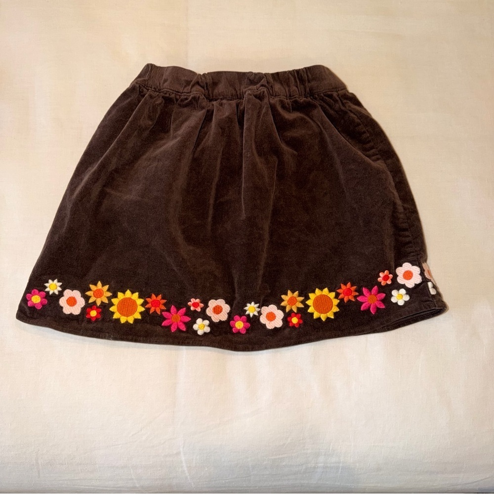 Gymboree Girls Brown Corduroy Skirt Floral Embroidered Flower Hem - Size 7